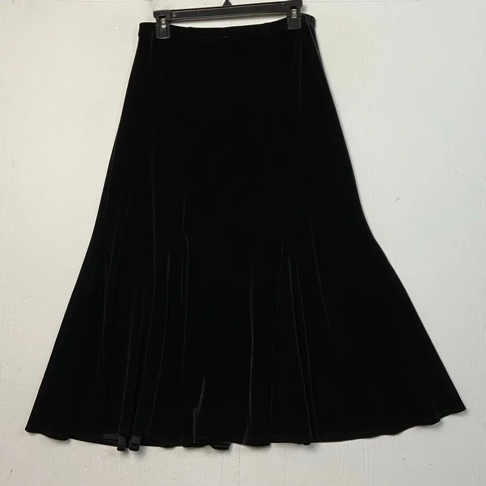 Chico's Women's Black Velvet Stretch Gored Hem Midi Skirt Size Small